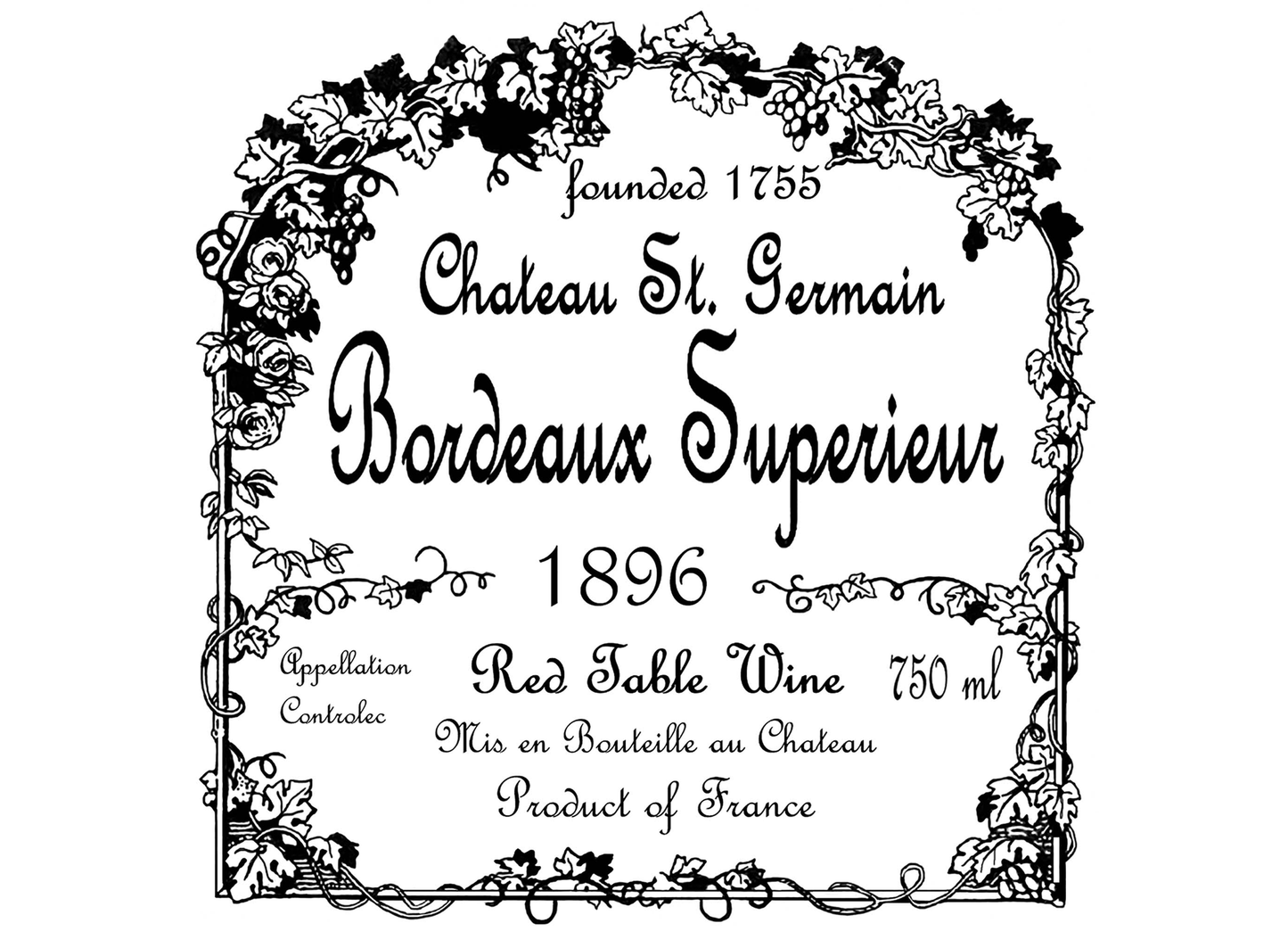 French Wine Label 2 pcs 3.75 Black Fused Glass Decals