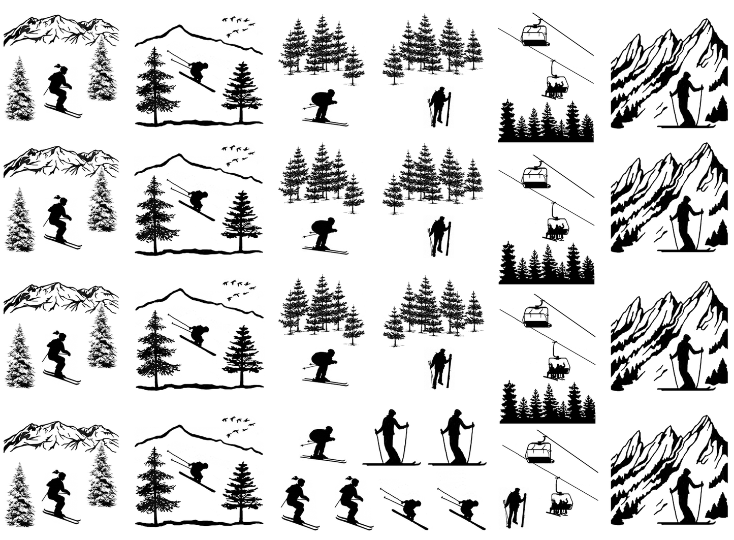 Skier Skiing Snow 30 pcs 1.25 Inch Black Fused Glass Decals