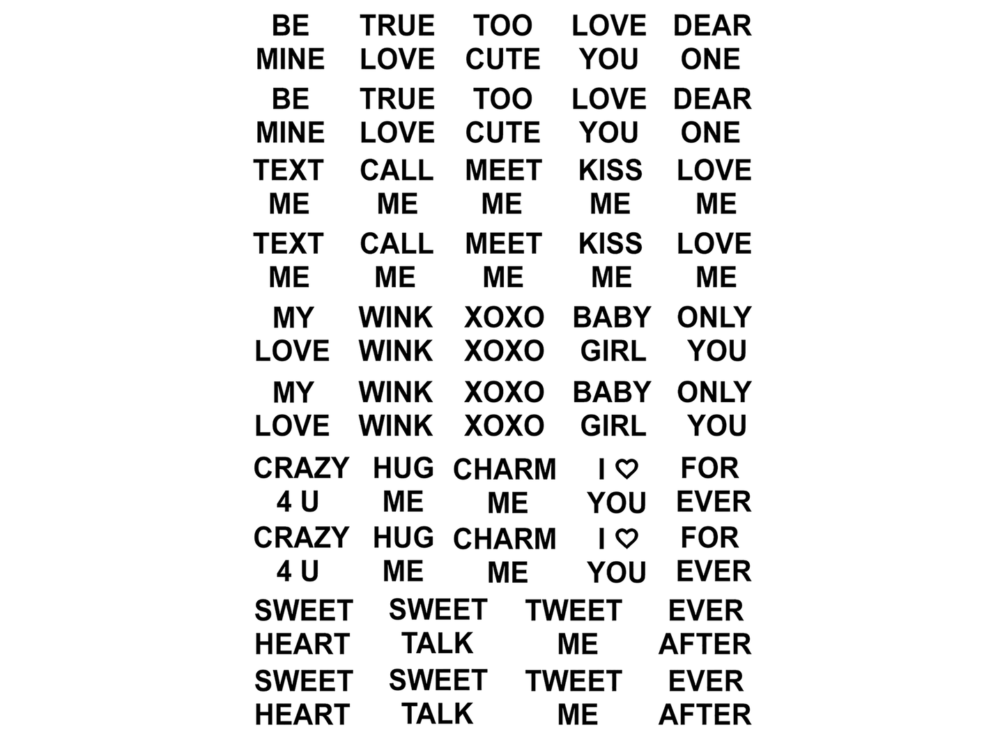 Valentine Words 48 pcs 0.35 Inch Black Fused Glass Decals