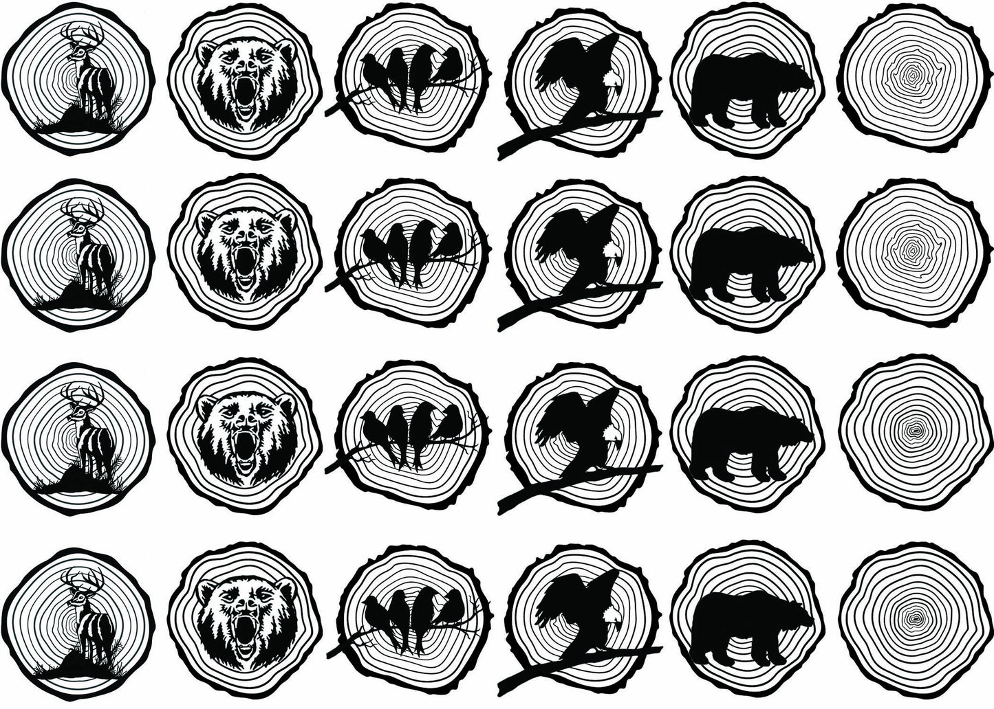 Tree Rings Buck Bear Eagle 24 pcs 1 Inch Black Fused Glass Decals
