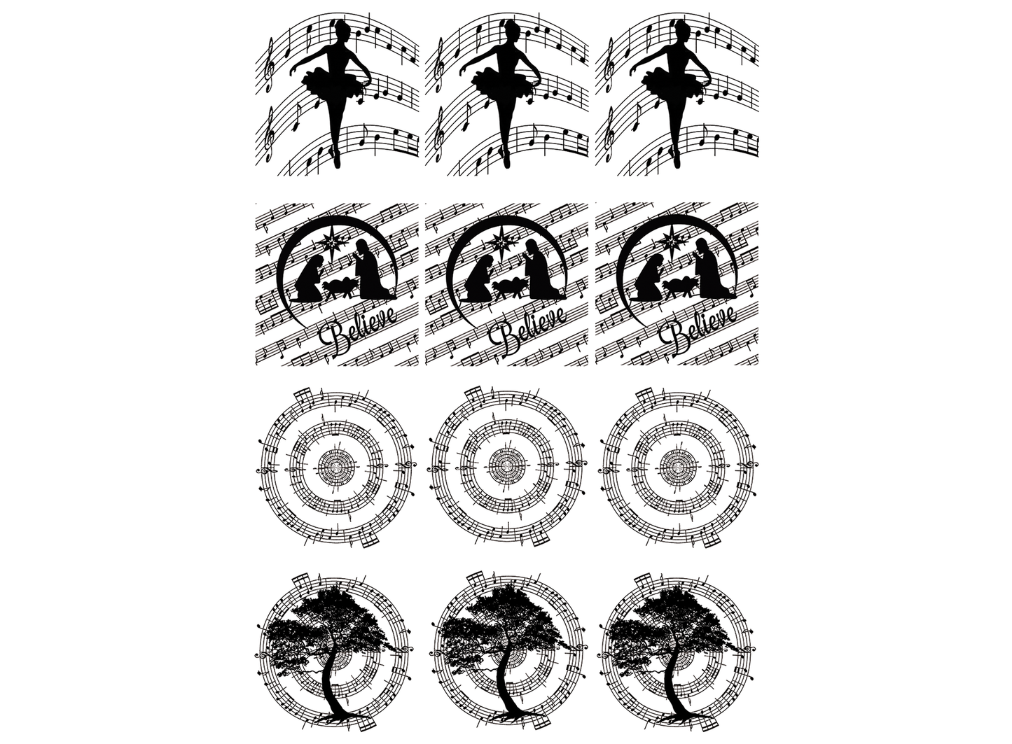 Music Ballet Nativity Tree 1.15 Inch Black Fused Glass Decals