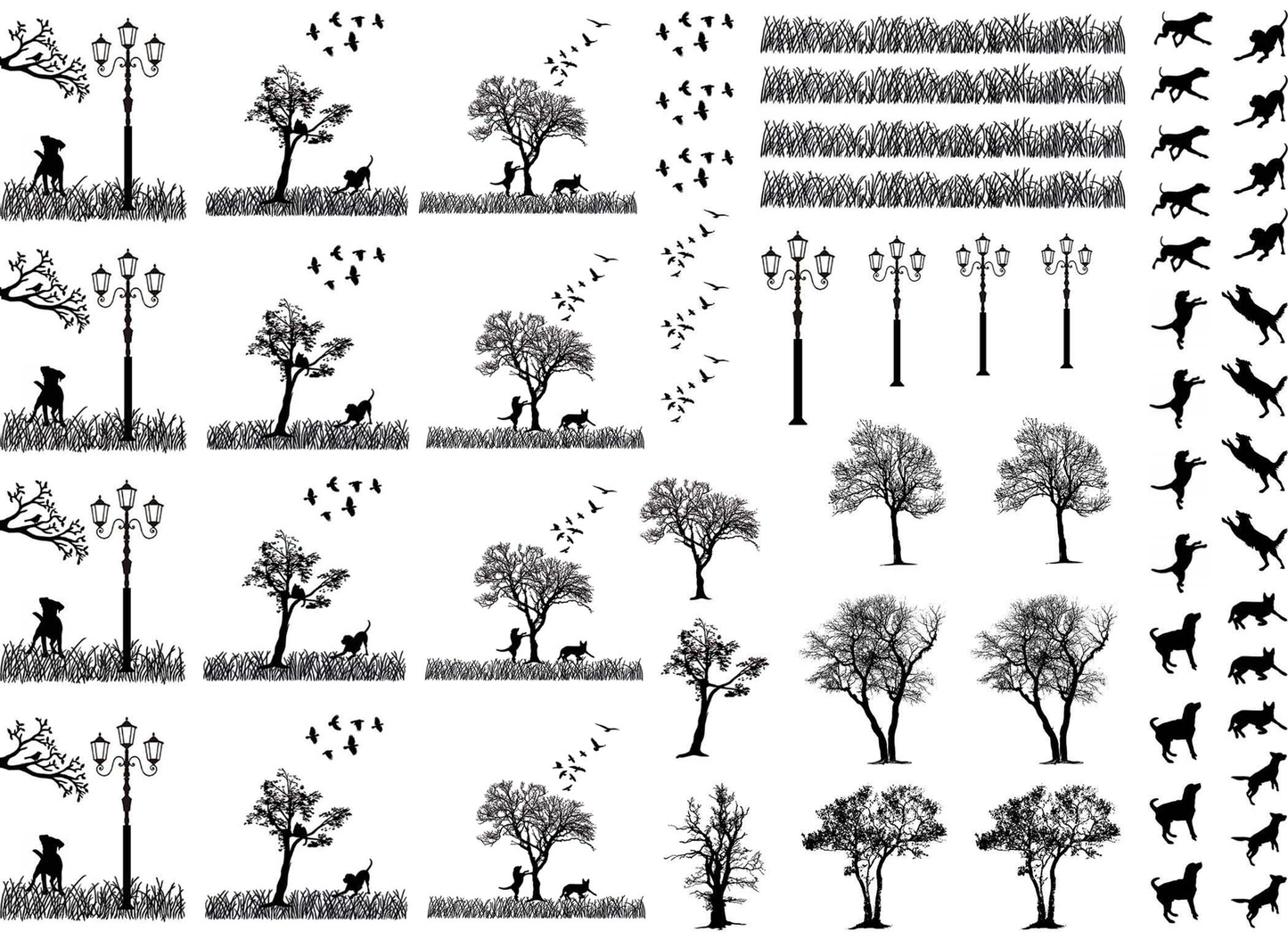 Dog Park Scenes 62 pcs 0.25 to 2 Inch Black Fused Glass Decals