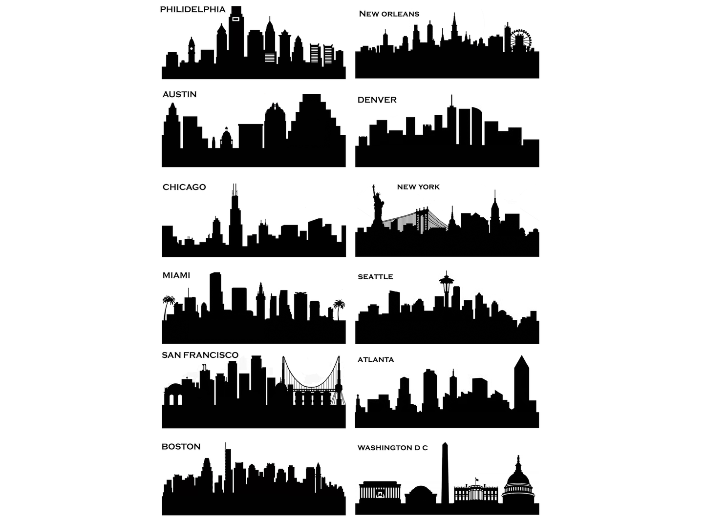 City Skylines 12 pcs 2.5 Inch Black Fused Glass Decals
