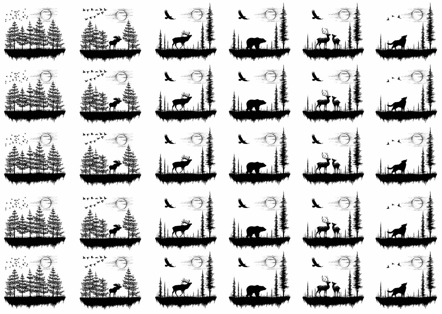 Moon Valley Bear Deer Moose Wolf 30 pcs 1 Inch Black Fused Glass Decals