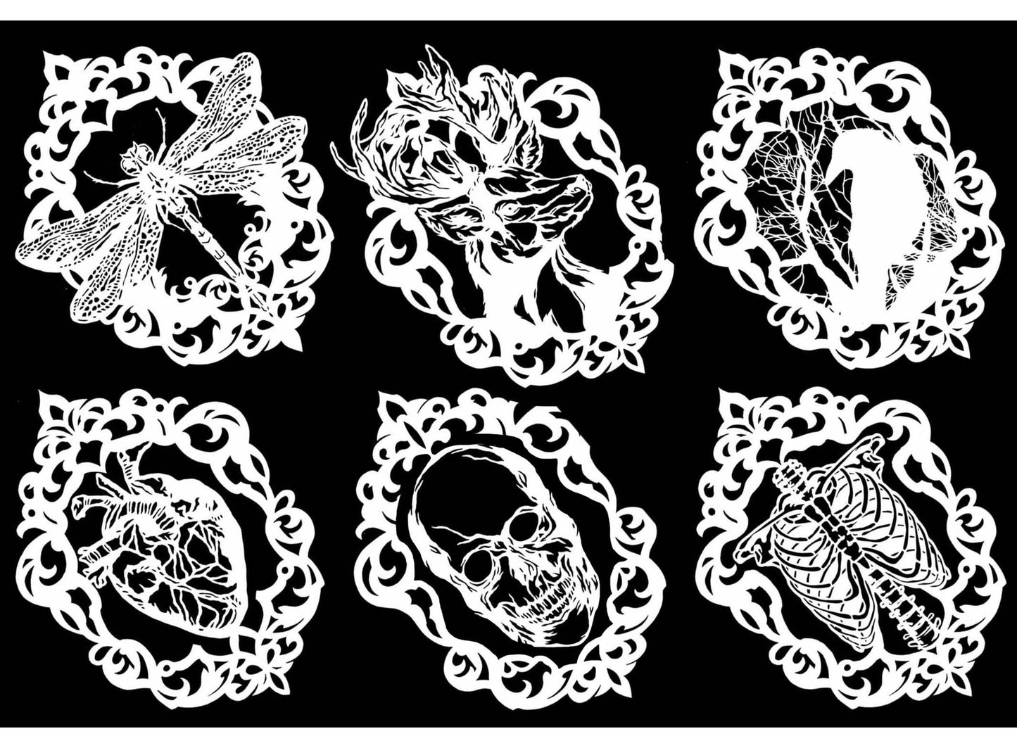 Gothic Cameo Raven Heart Skull 6 pcs 3 Inch White Fused Glass Decals