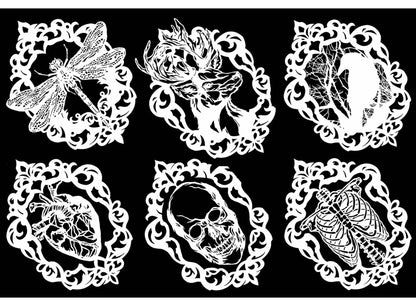 Gothic Cameo Raven Heart Skull 6 pcs 3 Inch White Fused Glass Decals