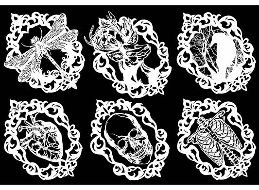 Gothic Cameo Raven Heart Skull 6 pcs 3 Inch White Fused Glass Decals