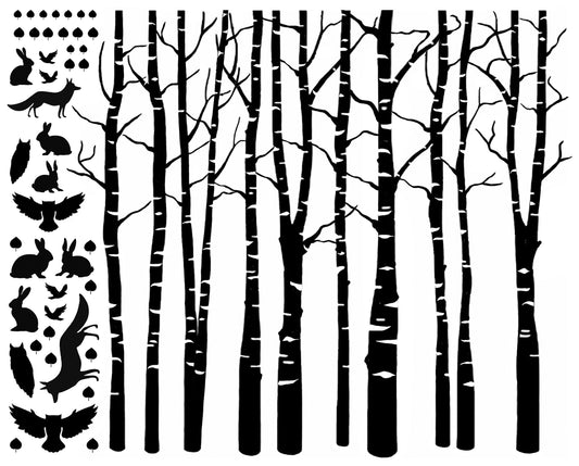 Birch Trees with Woodland Critters 5.5" X 7 "  Black Fused Glass Decals