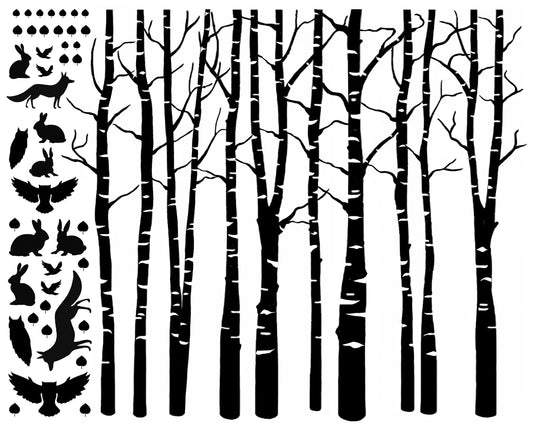 Birch Trees with Woodland Critters 5.5 x 7 Inch Black Fused Glass Decals