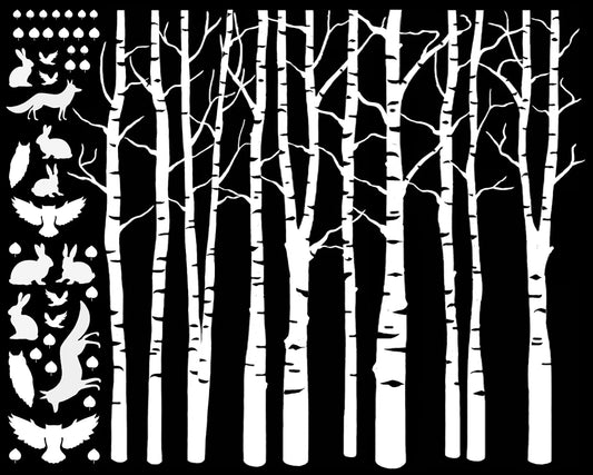 Birch Trees with Woodland Critters 5.5" X 7 "  White Fused Glass Decals