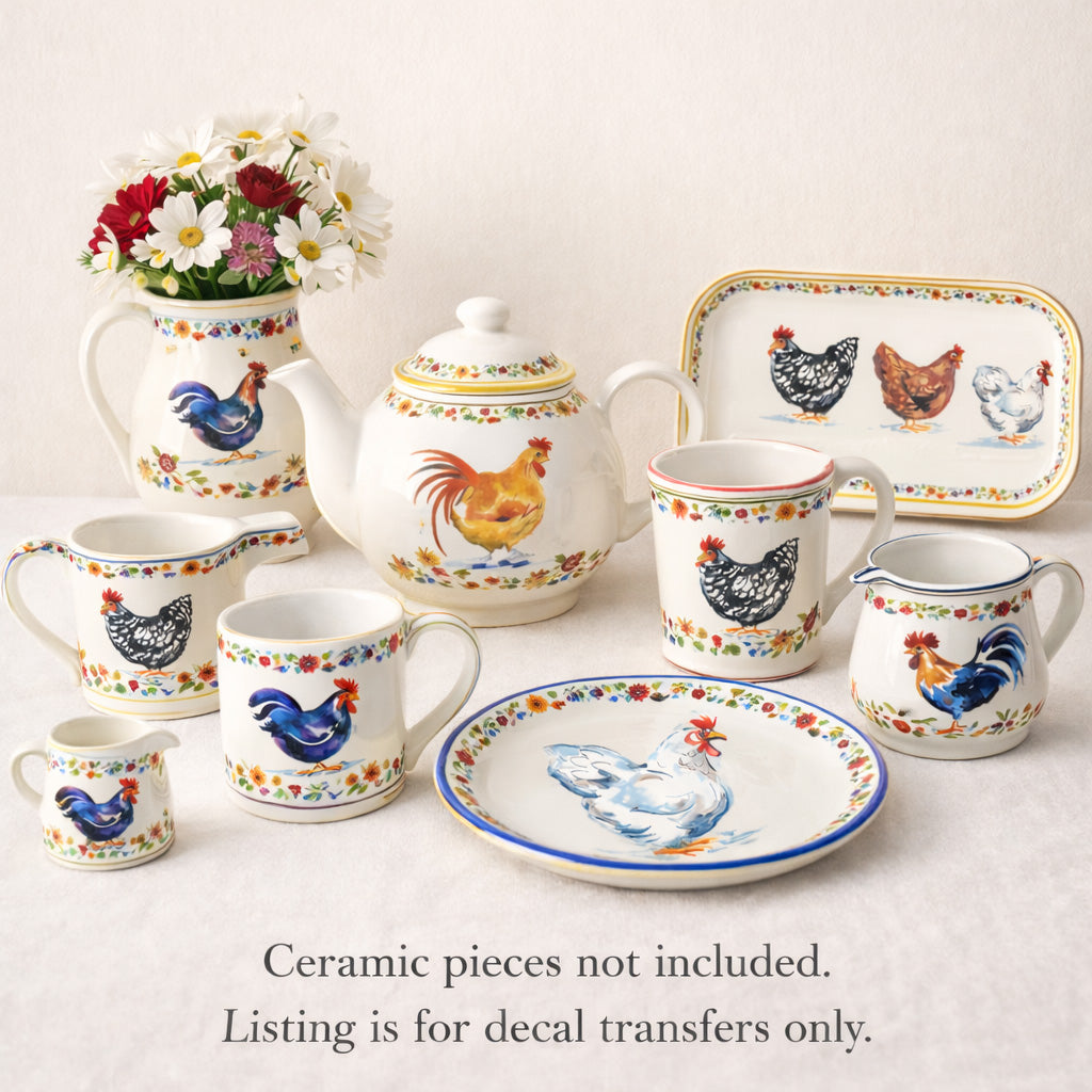 Barnyard Rooster Fowl Set Ceramic Waterslide Decals