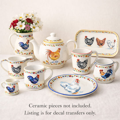 Barnyard Rooster Fowl Set Ceramic Waterslide Decals