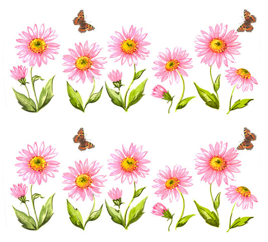 Pink Daisy Flowers and Butterflies Mug Wrap Overglaze Ceramic Decals
