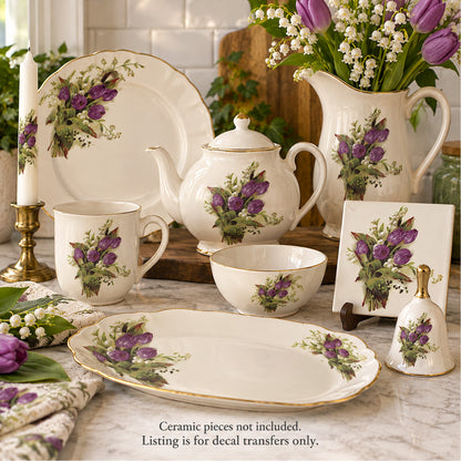Purple Tulip White Lily Valley Flower Overglaze Waterslide Ceramic Decals