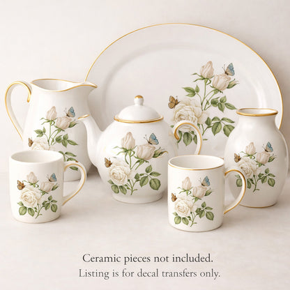 White Tea Rose Butterfly Bouquet Flower Overglaze Waterslide Ceramic Decals