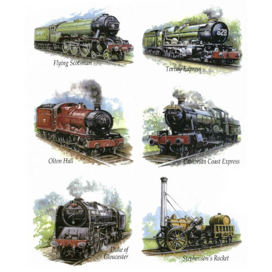Set of 6 Locomotion Train Overglaze Waterslide Ceramic Decals