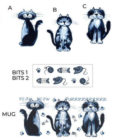 A printed design sheet showing three illustrated cats labeled A, B, and C, with a small inset of blue-gray paw prints, fishbones, and mice, and a bottom section labeled MUG with cat faces and the words 'MEOW MEOW' and 'PURRRRRRRRR'.