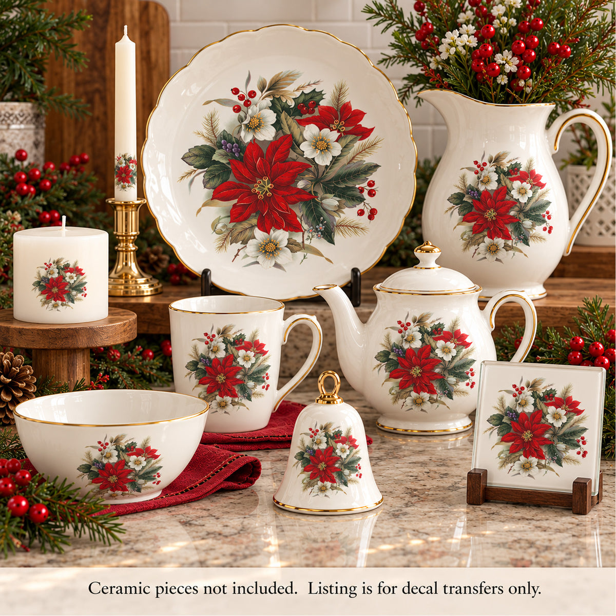 Christmas Poinsettia Overglaze Waterslide Ceramic Decals