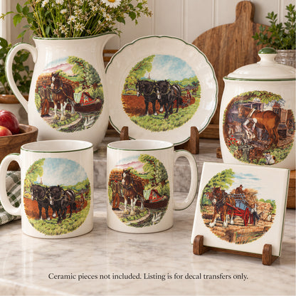 Overglaze Waterslide Decals for Ceramics - Set of 4 Shire Horse Farm Scene