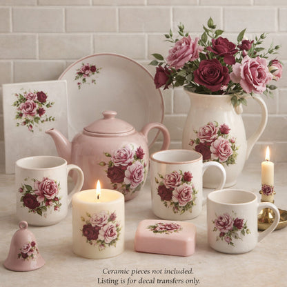 Flowers Pink Summertime Rose Round Overglaze Waterslide Ceramic Decals