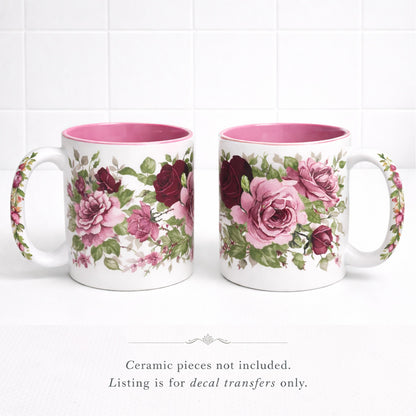Pink Rose Mug Wrap 8 Inch 2 pcs Overglaze Waterslide Ceramic Decal