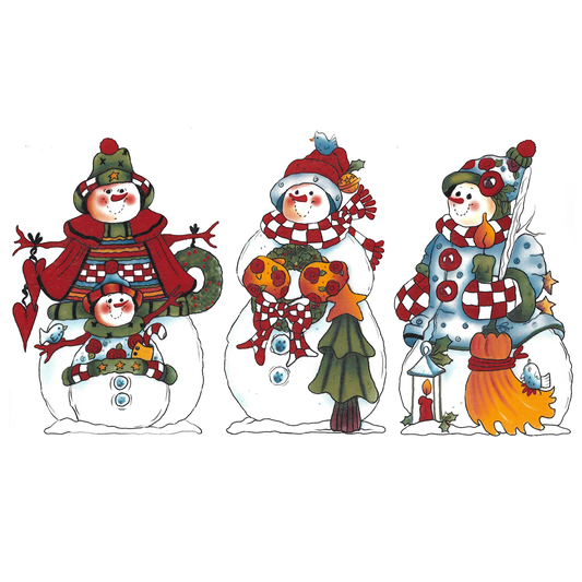 Trio of Folk Art Christmas Snowmen Overglaze Ceramic Decals