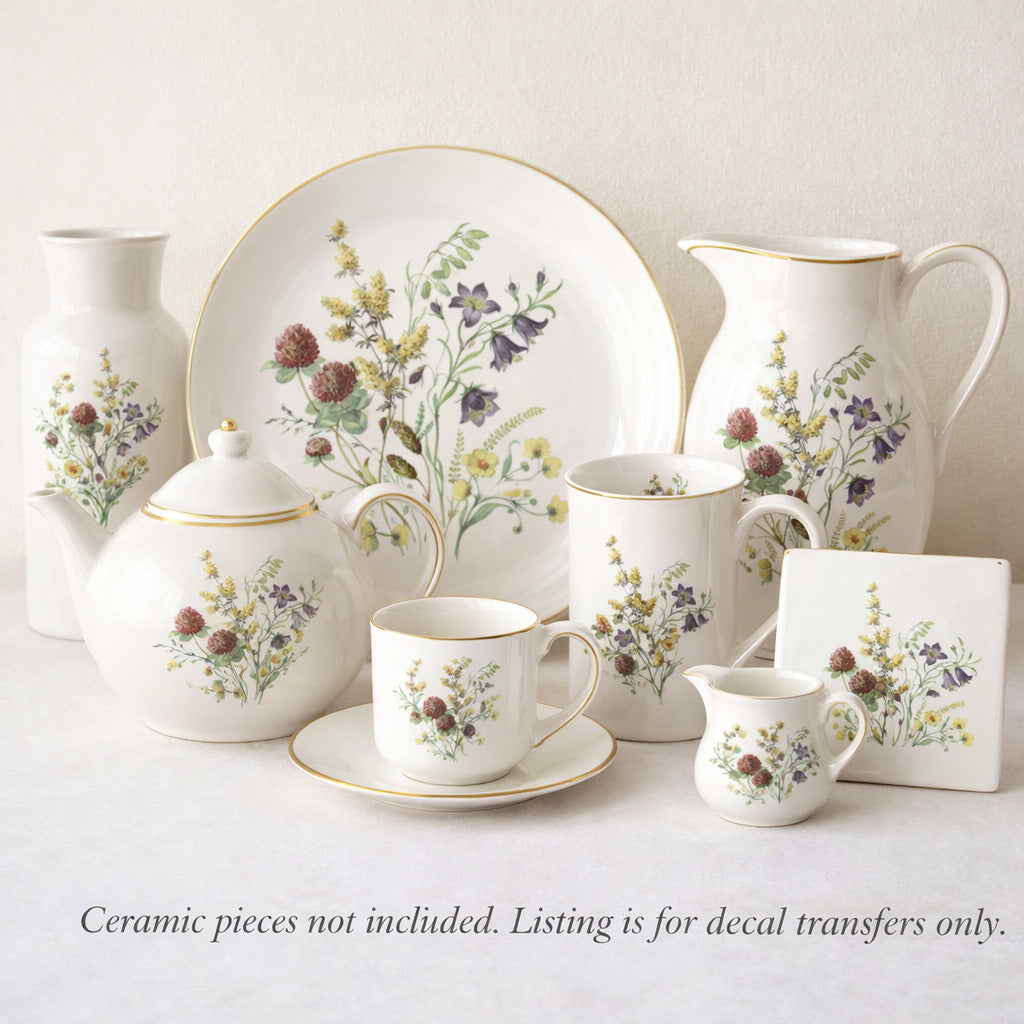 Meadow Wild Flowers Anemone Clover Cinquefoil Plantain Overglaze Ceramic Decals