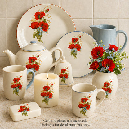 Burnt Orange Poppy Flowers Spray Waterslide Ceramic Decals
