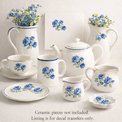 Blue Rose 1.5 Inch 12 pcs Flower Sketch Overglaze Waterslide Ceramic Decals