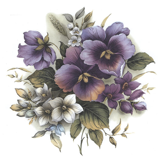 Purple Pansy Flowers Round Bouquet Overglaze Ceramic Decals