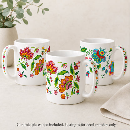 Art Deco Flowers Mug Wrap Set of 2 Overglaze Waterslide Ceramic Decals