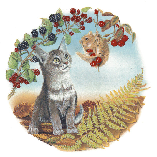 Gray Kitten with Mouse Cats in the Garden Overglaze Ceramic Decals