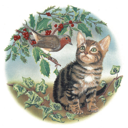 Tiger Kitten with Robin Cats in the Garden Overglaze Ceramic Decals