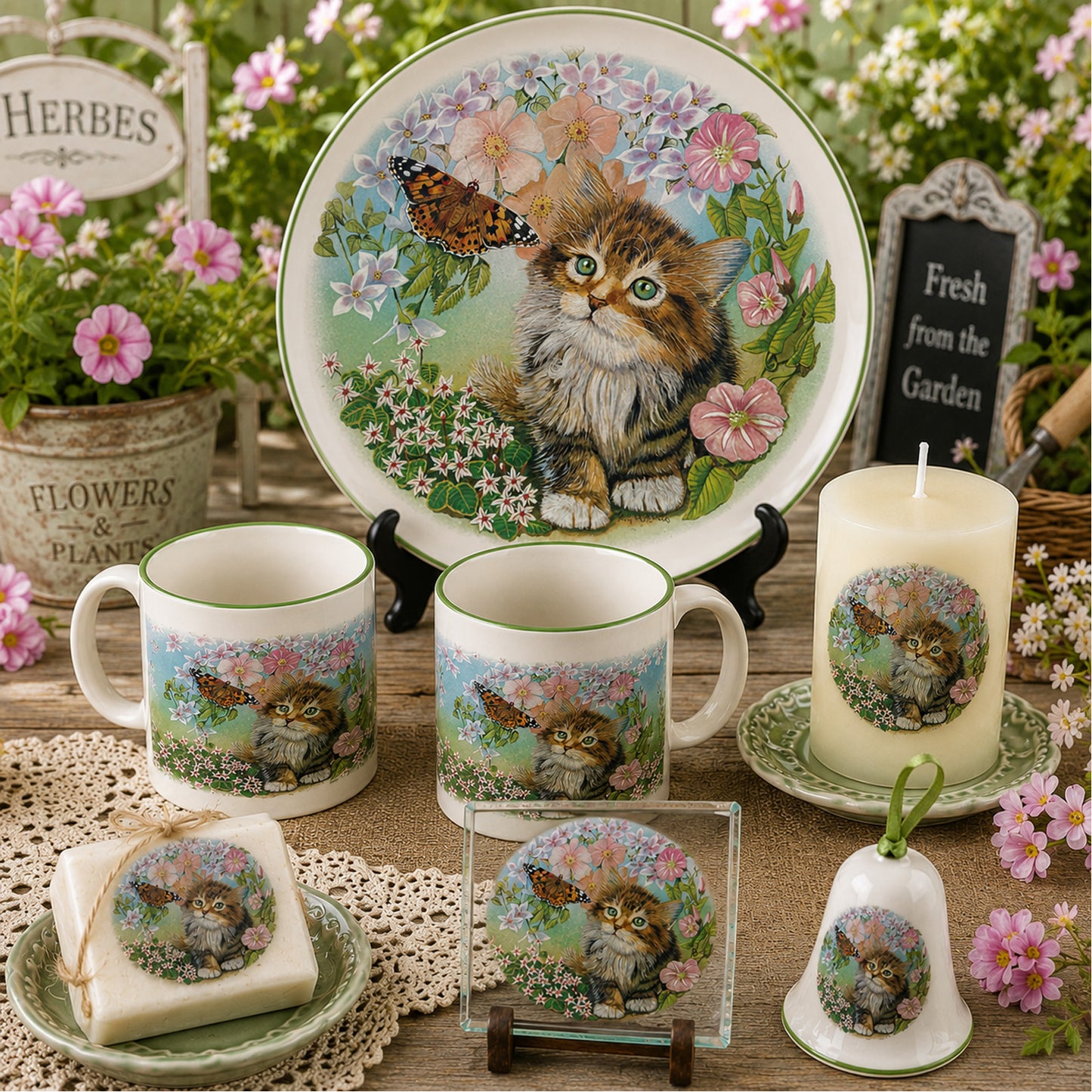 Tiger Kitten with Butterfly Cats in the Garden Overglaze Ceramic Decals