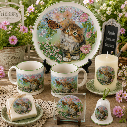 Tiger Kitten with Butterfly Cats in the Garden Overglaze Ceramic Decals