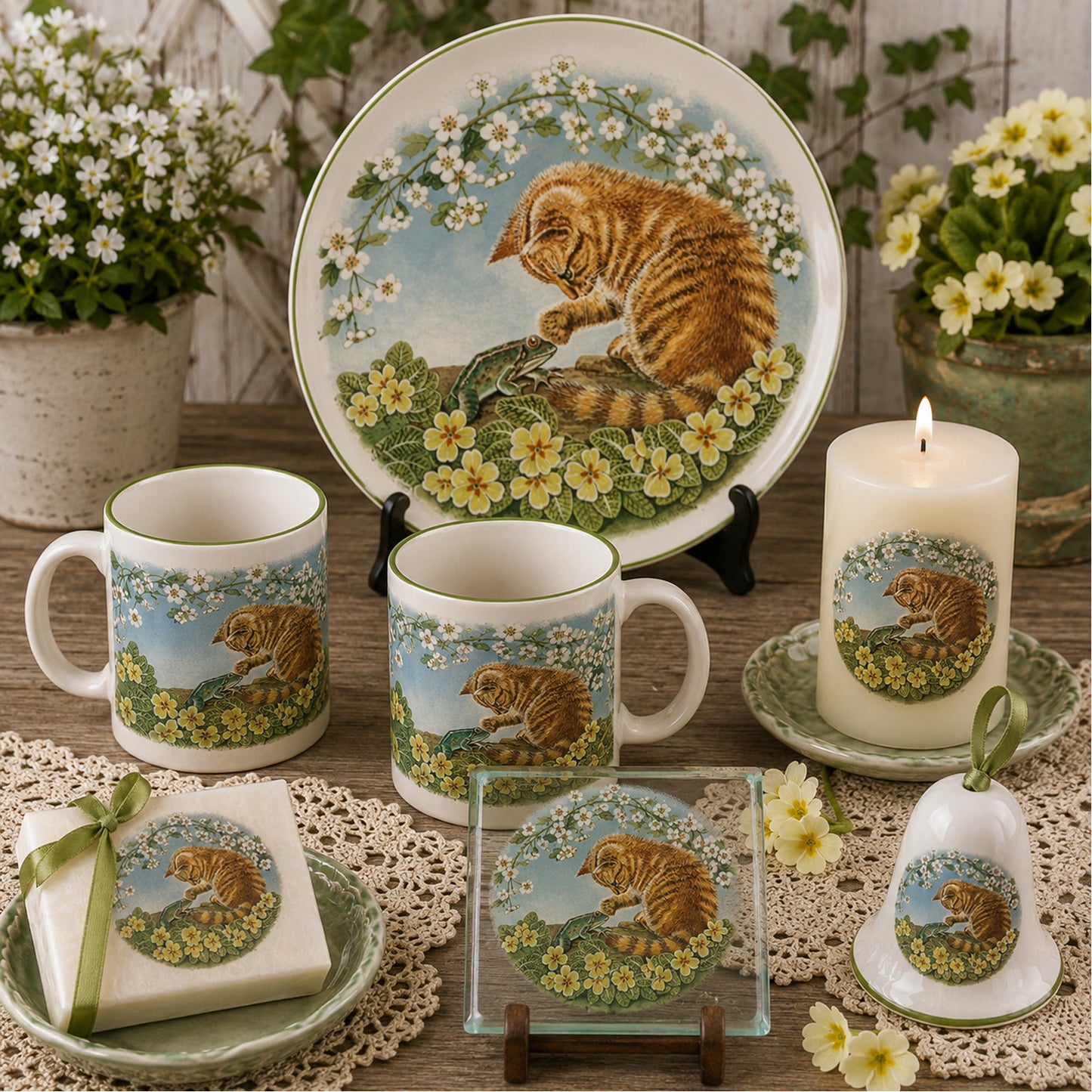 Tiger Kitten with Frog Cats in the Garden Overglaze Ceramic Decals