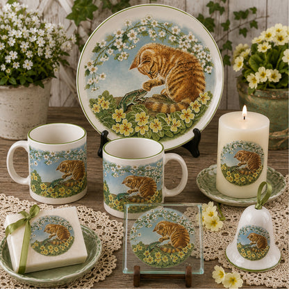 Tiger Kitten with Frog Cats in the Garden Overglaze Ceramic Decals