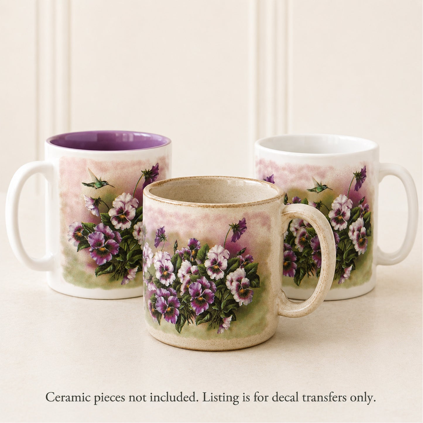 Purple Pansies Hummingbird Mug Wraps Overglaze Ceramic Decals