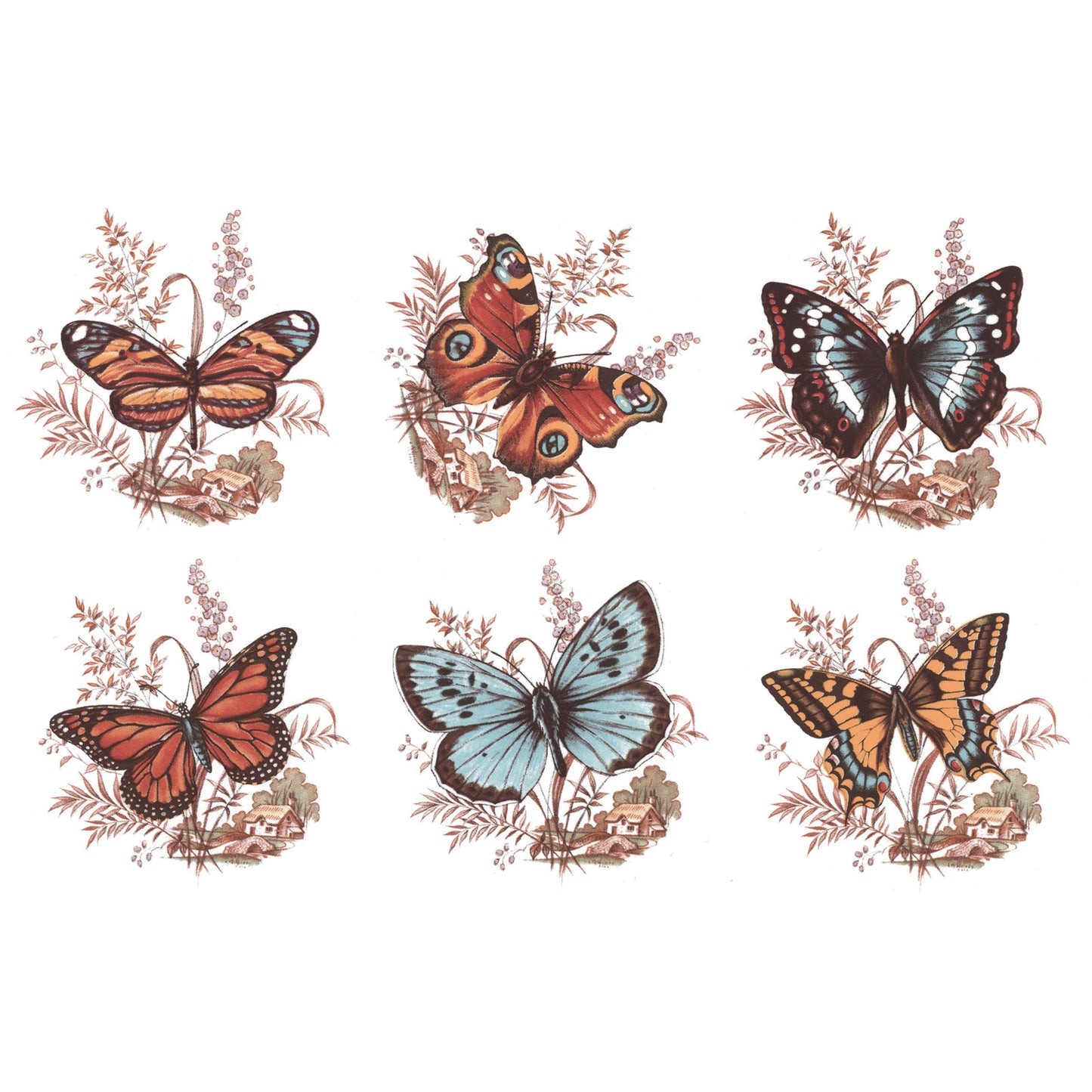Colorful Butterflies with Background Overglaze Waterslide Ceramic Decals