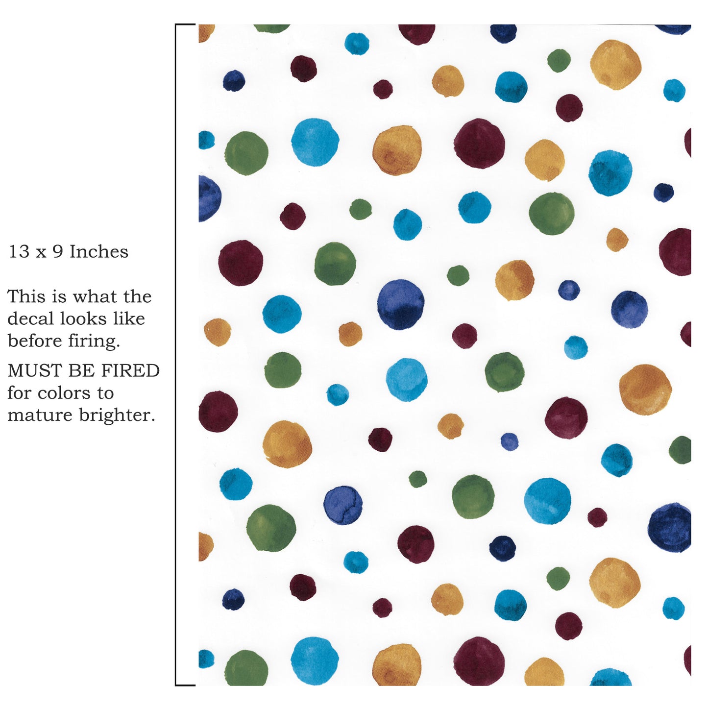 Watercolor Polka Dot Rainbow 9 x 13 Inch Overglaze Ceramic Decal Sheet