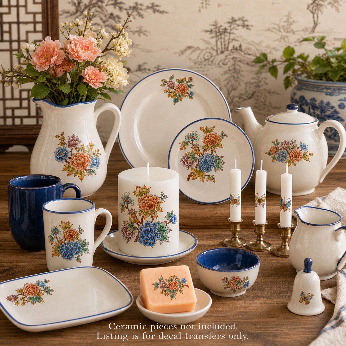 Oriental Flower Branches and Butterflies Overglaze Waterslide Ceramic Decals