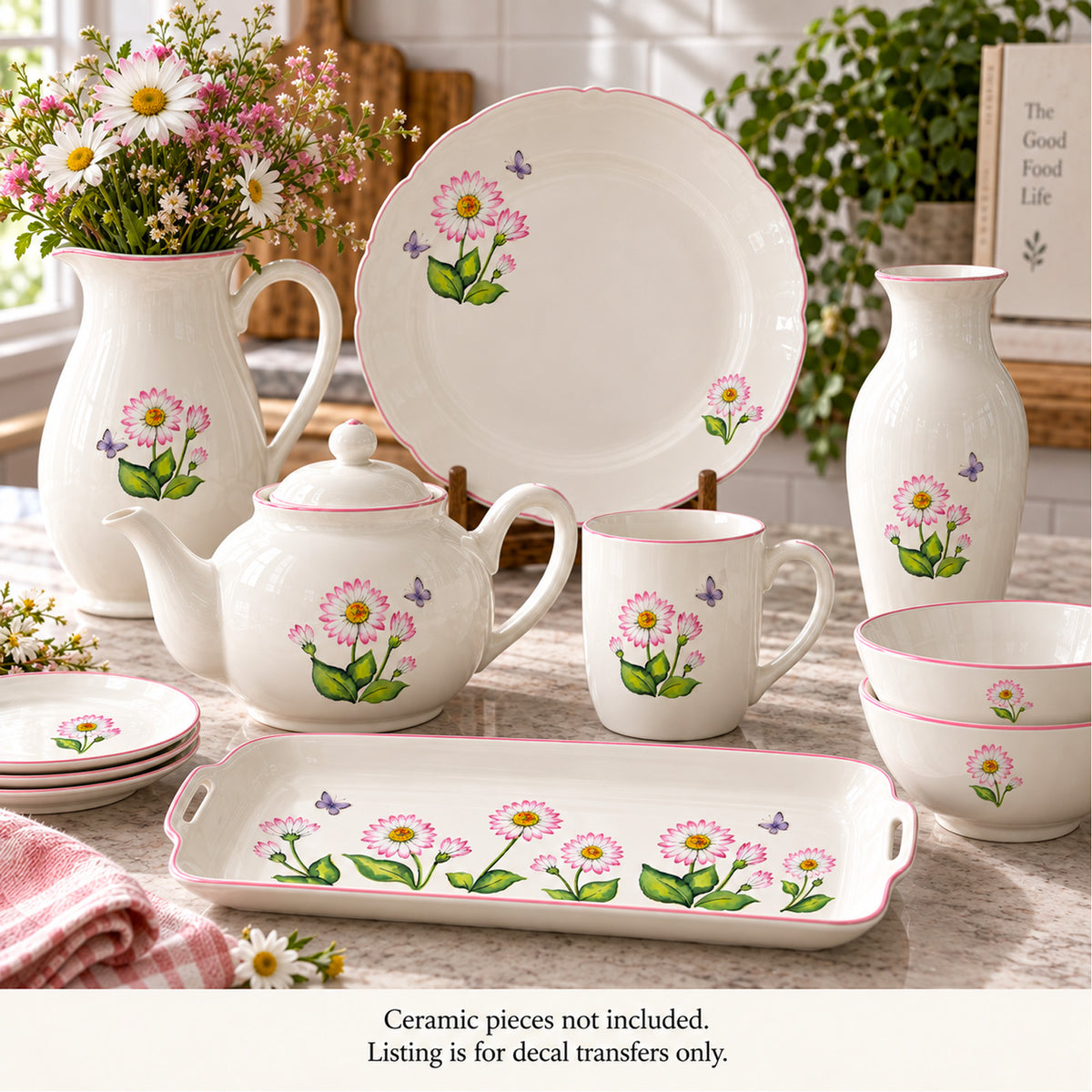 White Daisies and Butterflies Overglaze Ceramic Decals