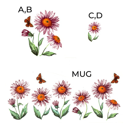 Pink Daisy Flowers and Butterflies Overglaze Ceramic Decals