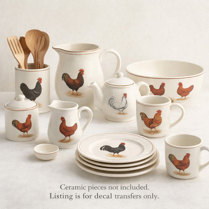 Rooster Hen 12 pc Set Select-A-Size Overglaze Waterslide Ceramic Decals