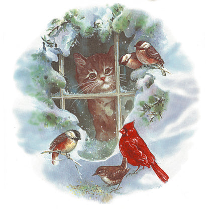Winter Cat Window Bird Snow Overglaze Waterslide Ceramic Decals