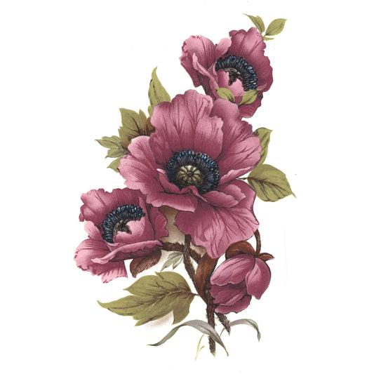 Maroon Pink Poppy Flower Spray Overglaze Ceramic Decals