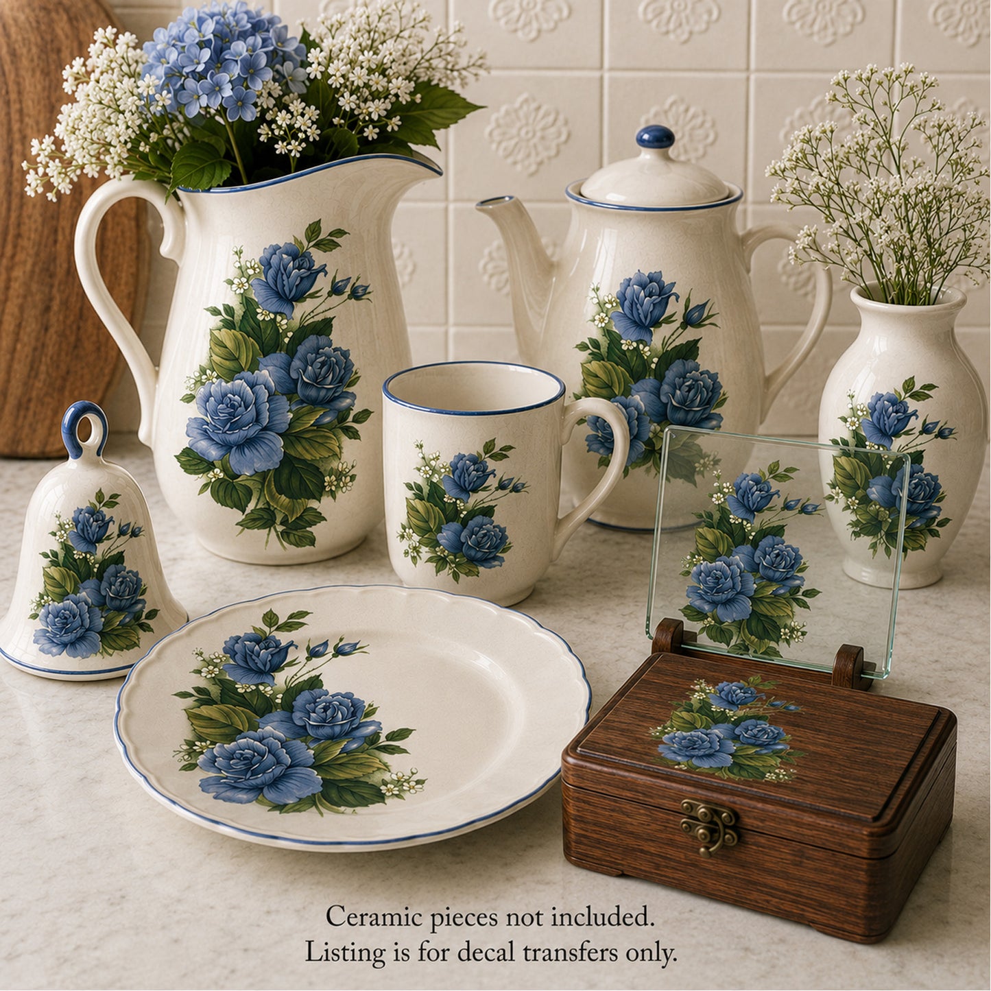 Midnight Blue Rose Flower Spray Overglaze Waterslide Ceramic Decals