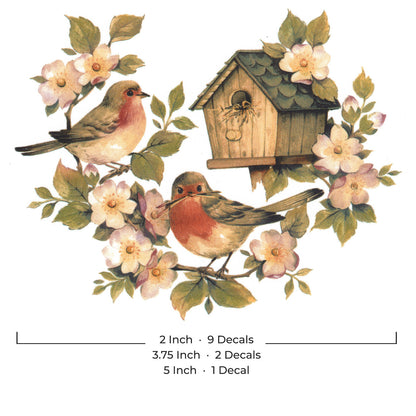 Rustic Birdhouse Birds Twig Flowers Overglaze Waterslide Ceramic Decals