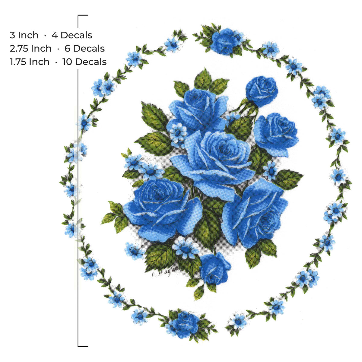 Rose Blue Flower Oval with Border Overglaze Waterslide Ceramic Decals