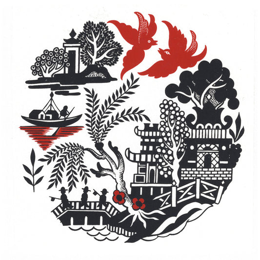 Black Red Willow Oriental Scene Overglaze Waterslide Ceramic Decals